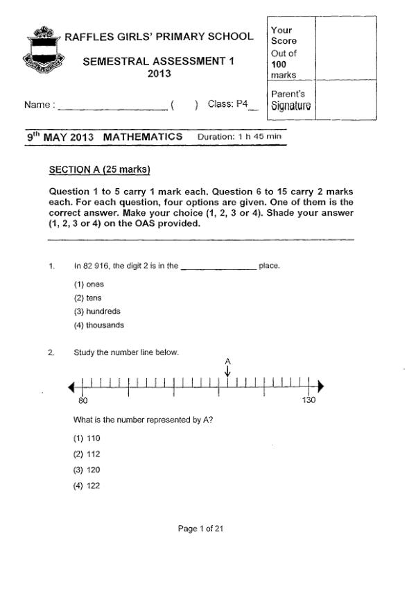 Raffles Girls P4 Math WA2 2013 exam paper PDF first page preview