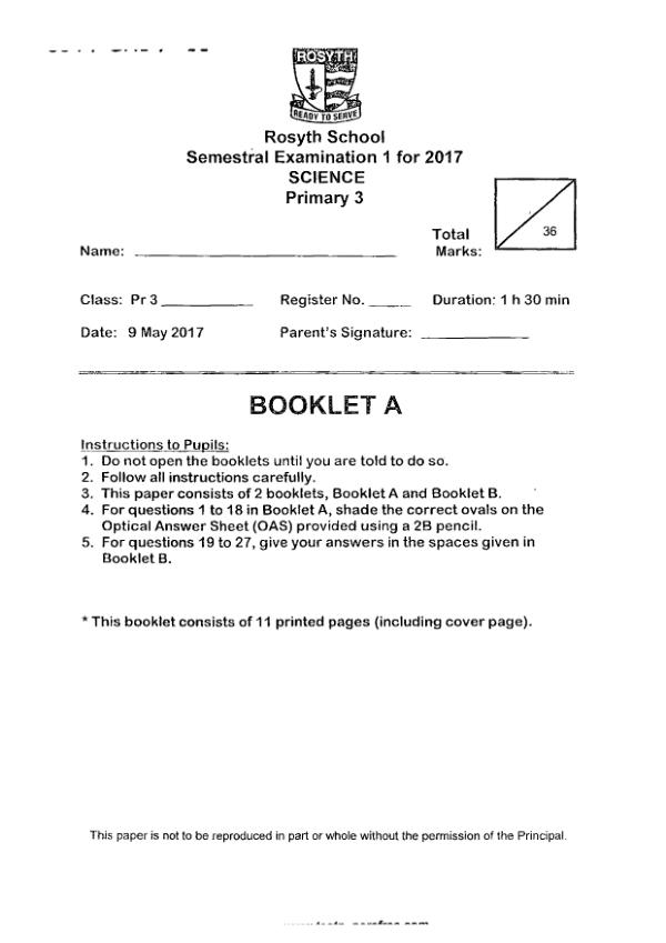 Rosyth P3 Sci WA2 2017 exam paper PDF first page preview
