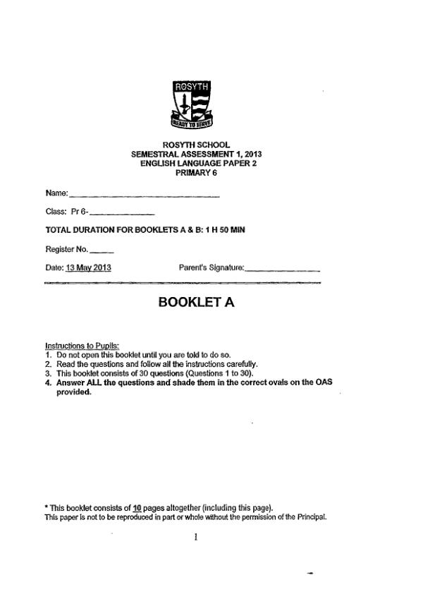 Rosyth P6 Eng WA2 2013 exam paper PDF first page preview