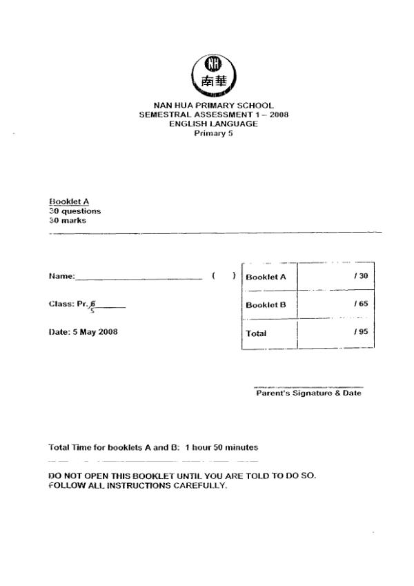 Nan Hua P5 Eng WA2 2008 exam paper PDF preview