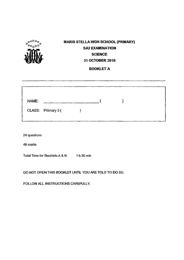 Maris Stella High P3 Sci SA2 2019 exam paper PDF first page preview