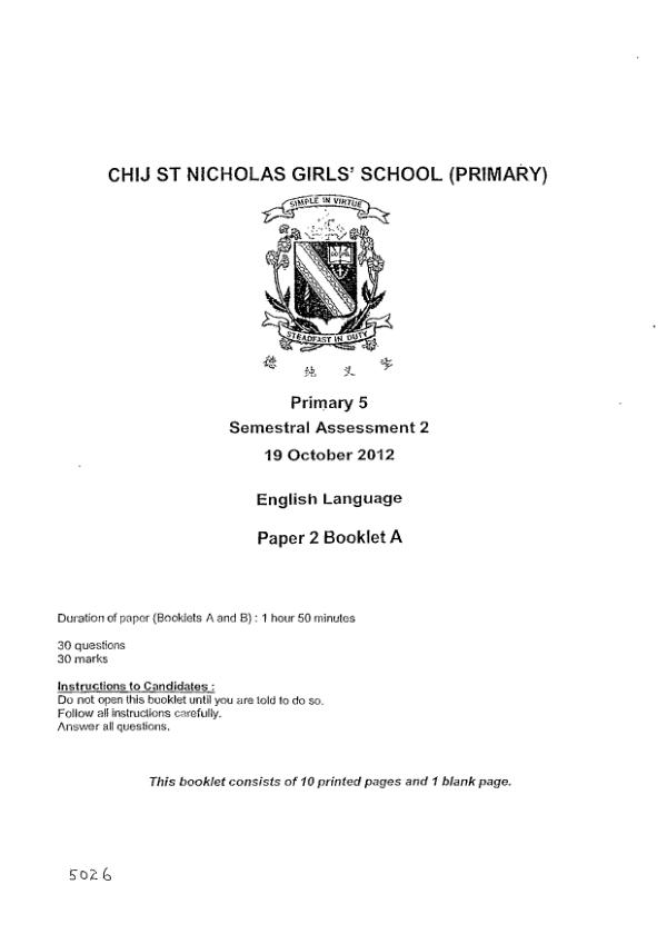 CHIJ P5 Eng SA2 2012 exam paper PDF preview