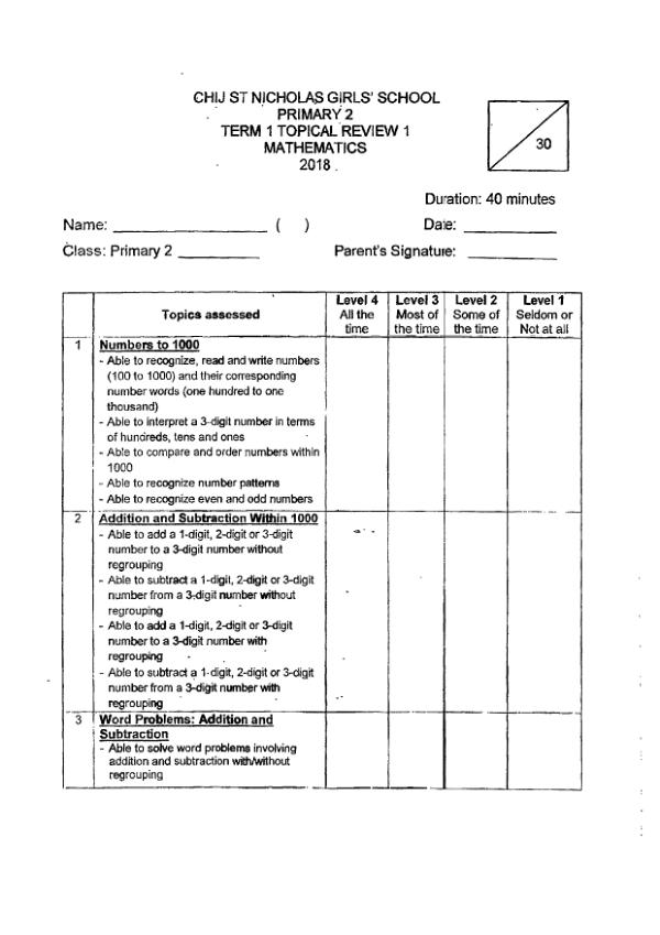First page preview of P2 Math 2018 WA1 — St Nicholas