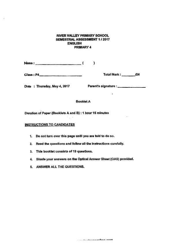 River Valley P4 Eng WA2 2017 exam paper PDF first page preview
