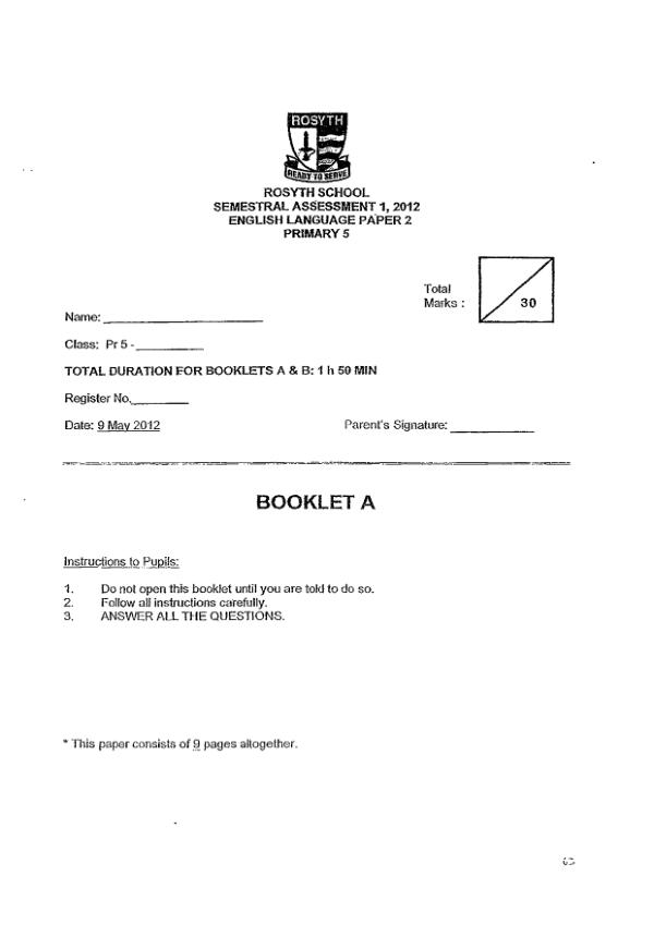 Rosyth P5 Eng WA2 2012 exam paper PDF preview