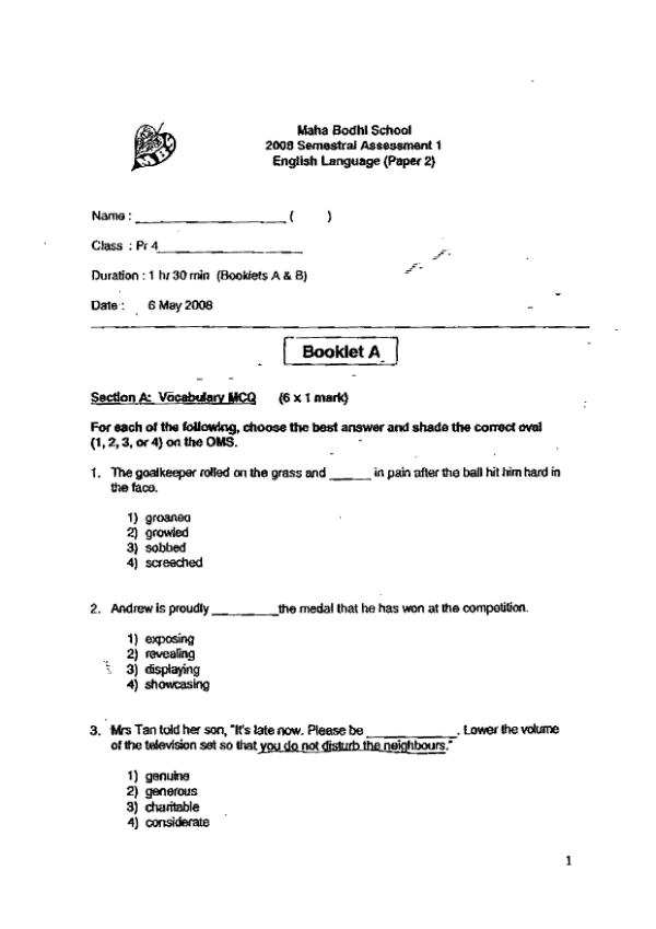 Maha Bodhi P4 Eng WA2 2008 exam paper PDF preview