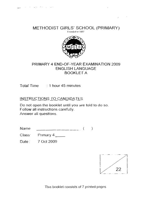Methodist Girls P4 Eng SA2 2009 exam paper PDF preview