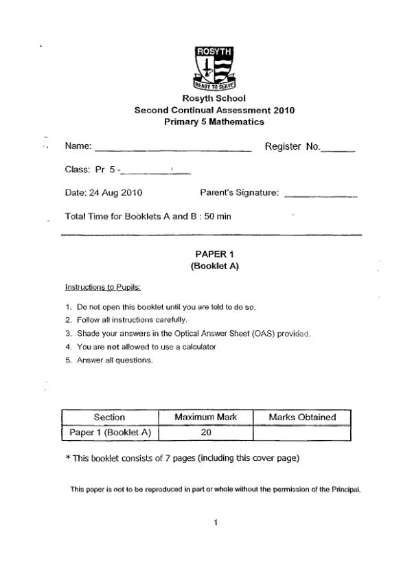Rosyth P5 Math WA3 2010 exam paper PDF preview
