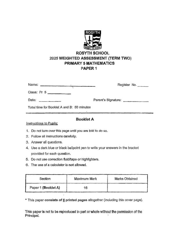 First page preview of P5 Math 2025 WA2 — Rosyth