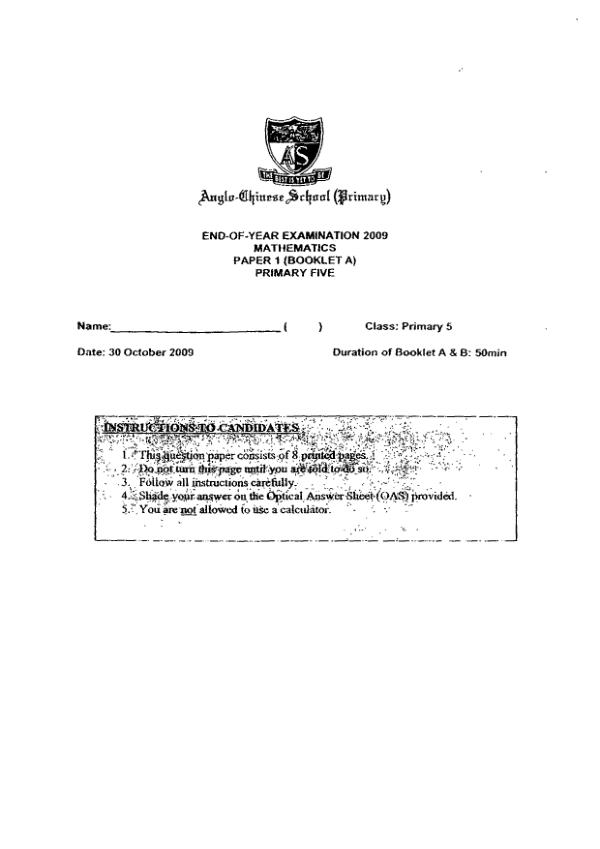 Anglo Chinese P5 Math SA2 2009 exam paper PDF preview