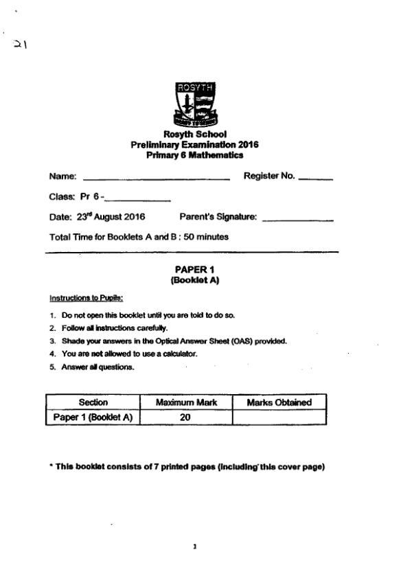 First page preview of P6 Math 2016 SA2 — Rosyth