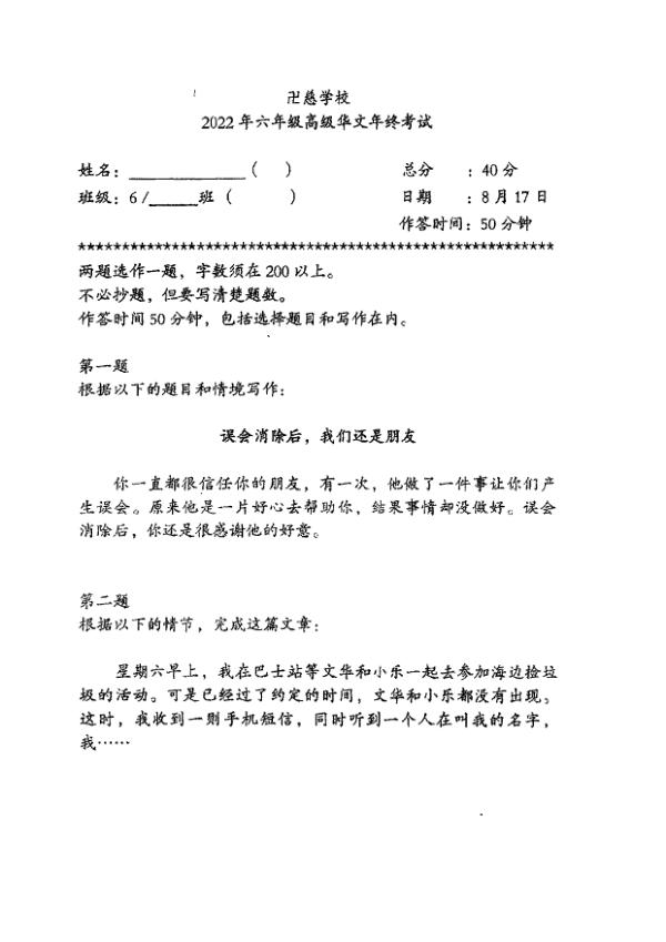 Red Swastika P6 Chi SA2 2022 exam paper PDF preview