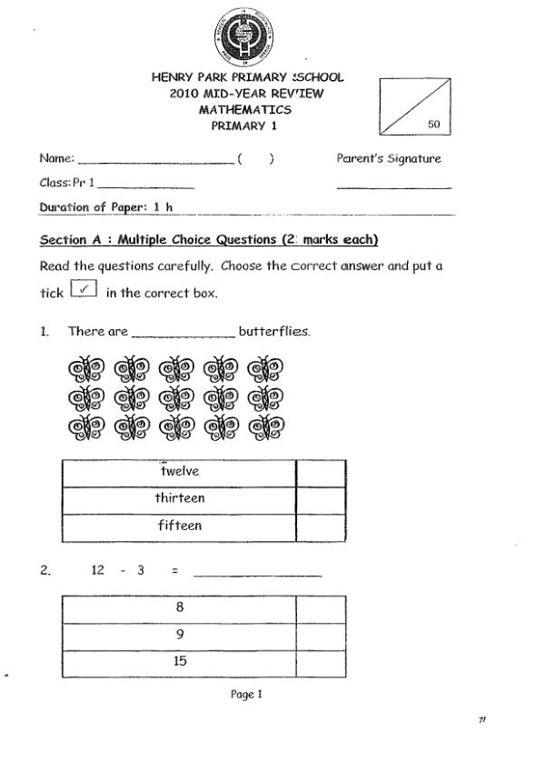 Henry Park P1 Math WA2 2010 exam paper PDF preview