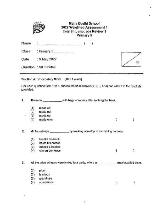 Maha Bodhi P5 Eng WA1 2022 exam paper PDF first page preview