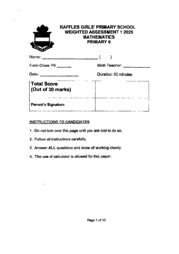 First page preview of P6 Math 2025 WA1 — Raffles Girls