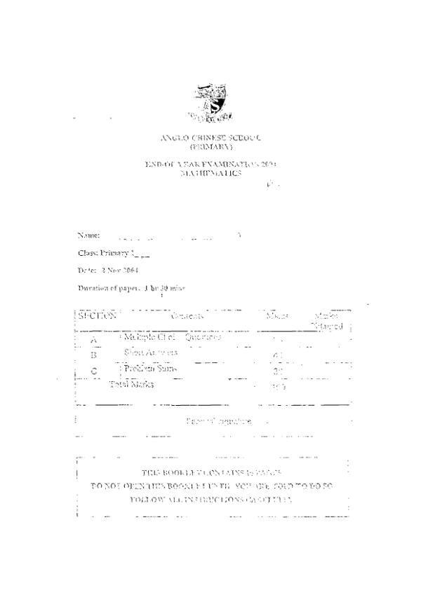 Anglo Chinese P1 Math SA2 2004 exam paper PDF first page preview