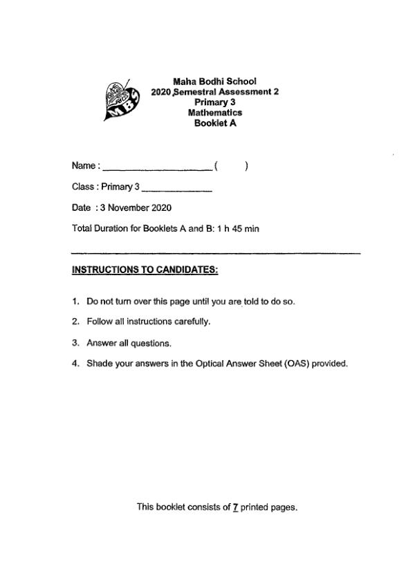 First page preview of P3 Math 2020 SA2 — Maha Bodhi