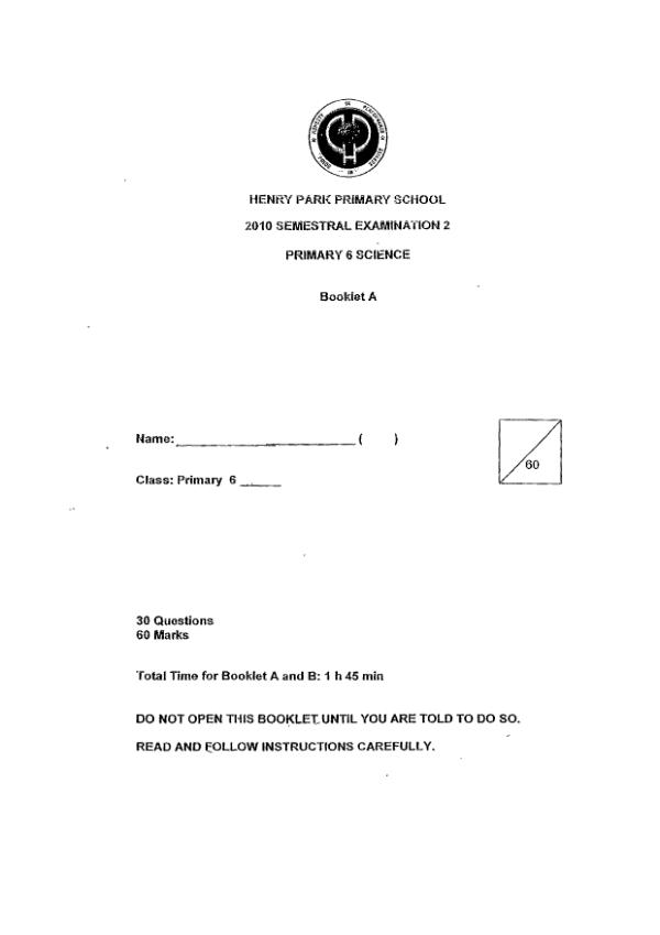 Henry Park P6 Sci SA2 2010 exam paper PDF preview
