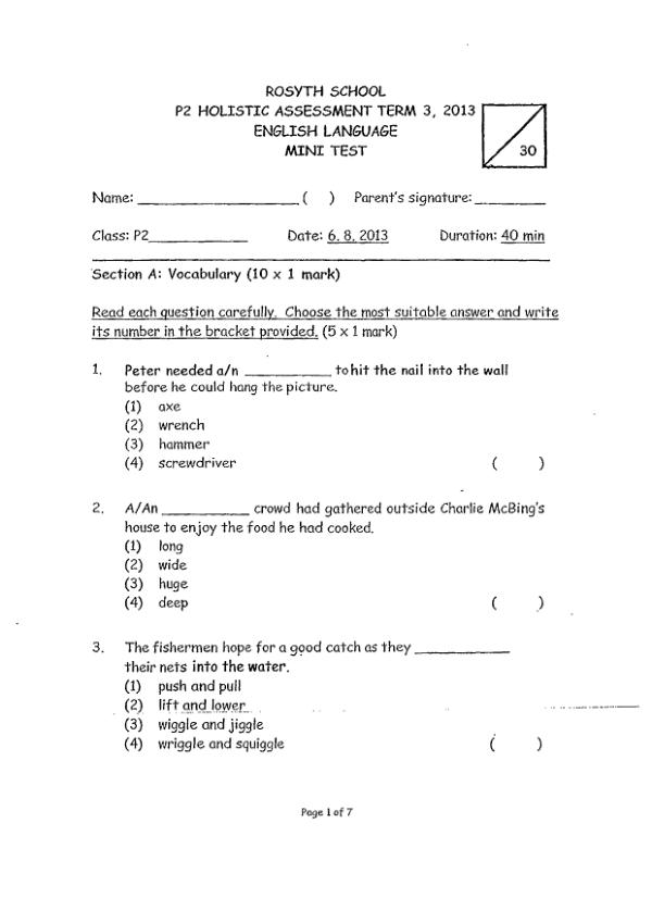 Rosyth P2 Eng WA3 2013 exam paper PDF first page preview