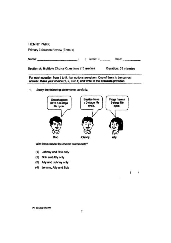 Henry Park P3 Sci WA3 2022 exam paper PDF first page preview