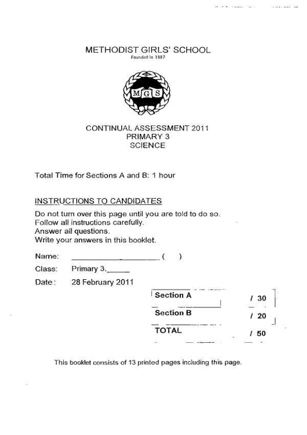 Methodist Girls P3 Sci WA1 2011 exam paper PDF first page preview