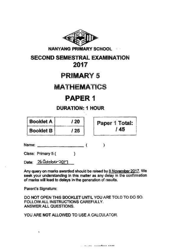 First page preview of P5 Math 2017 SA2 — Nanyang