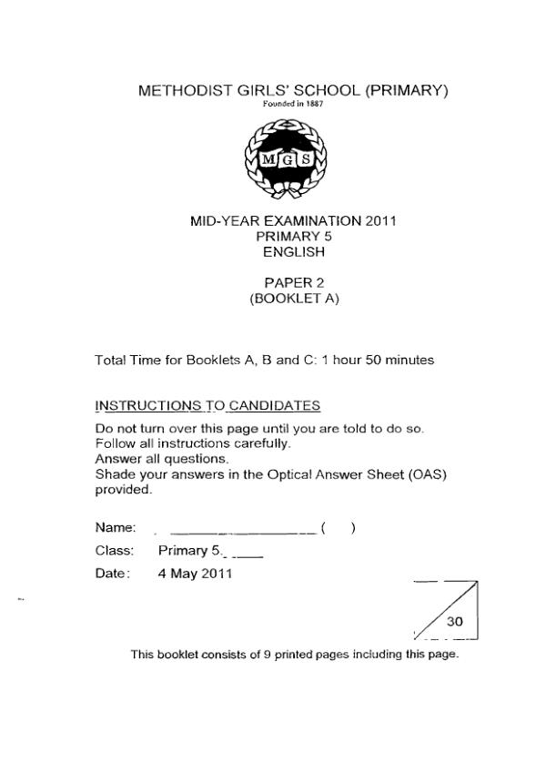 Methodist Girls P5 Eng WA2 2011 exam paper PDF preview