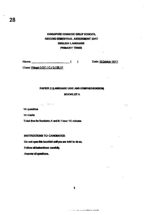 Singapore Chinese Girls P3 Eng SA2 2017 exam paper PDF preview