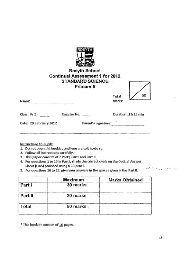 Rosyth P5 Sci WA1 2012 exam paper PDF first page preview
