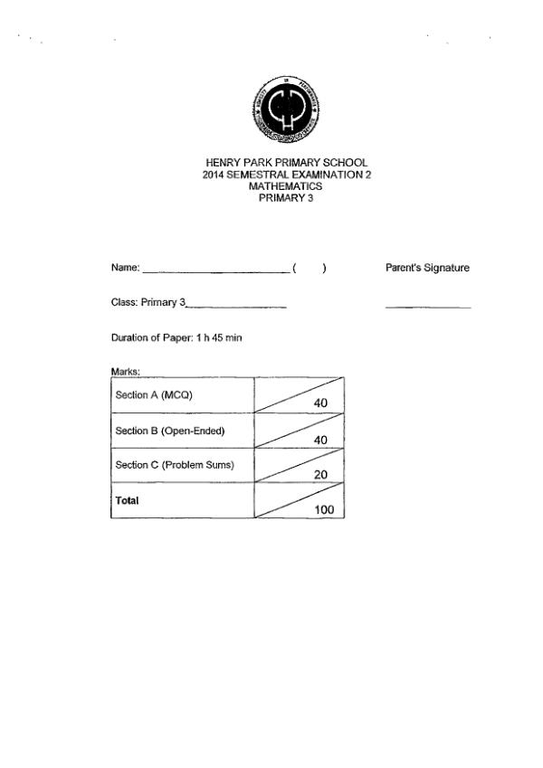 Henry Park P3 Math SA2 2014 exam paper PDF first page preview