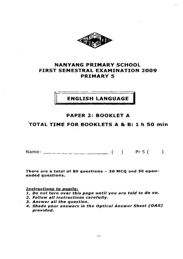 Nanyang P5 Eng WA2 2009 exam paper PDF first page preview