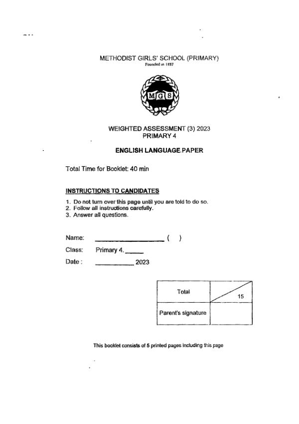 Methodist Girls P4 Eng WA3 2023 exam paper PDF first page preview