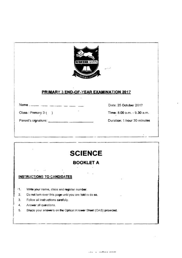 Tao Nan P3 Sci SA2 2017 exam paper PDF first page preview