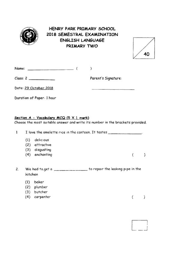 Henry Park P2 Eng SA2 2018 exam paper PDF first page preview