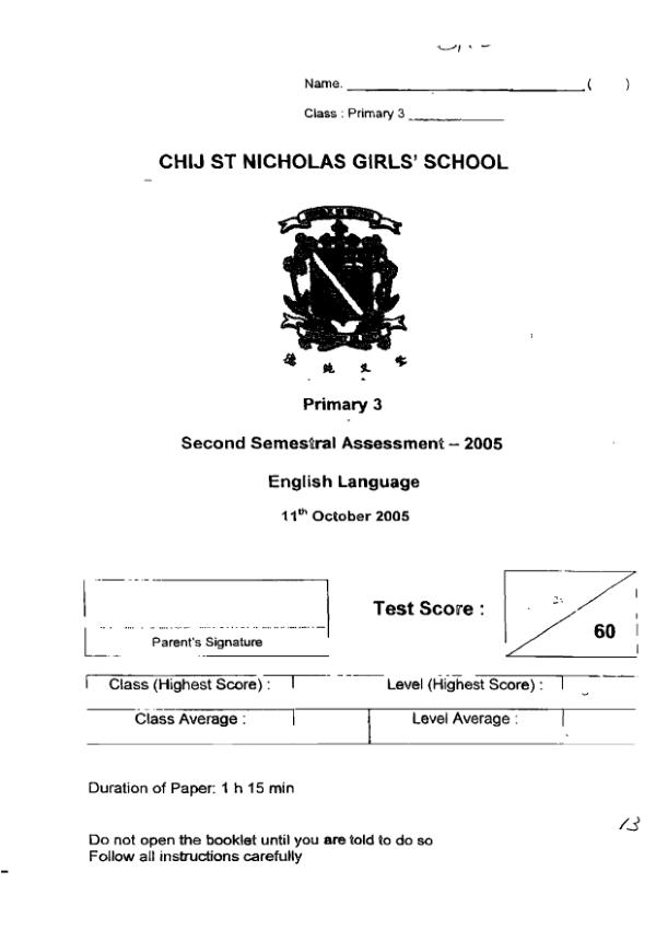 CHIJ P3 Eng SA2 2005 exam paper PDF preview