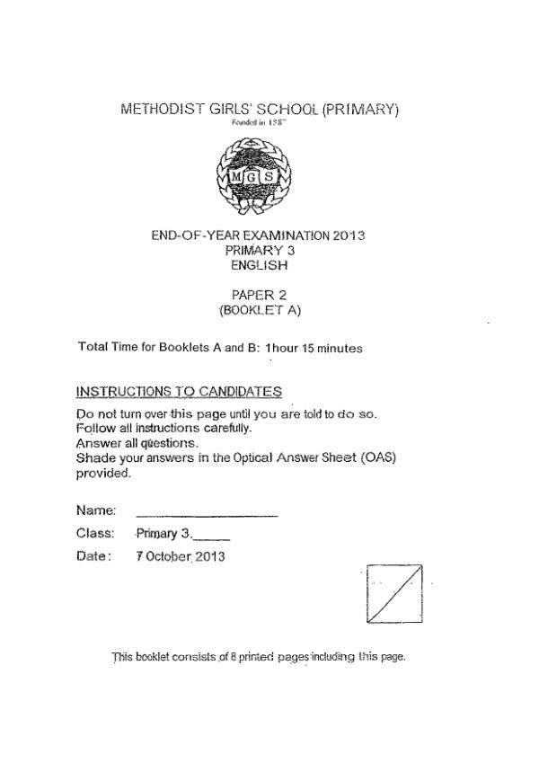 Methodist Girls P3 Eng SA2 2013 exam paper PDF first page preview
