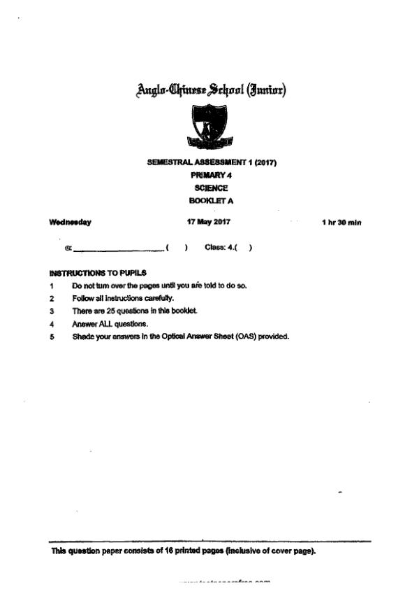 Anglo Chinese P4 Sci WA2 2017 exam paper PDF preview