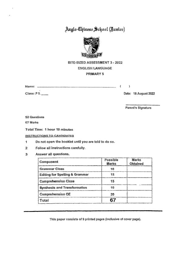 Anglo Chinese P5 Eng WA3 2022 exam paper PDF preview