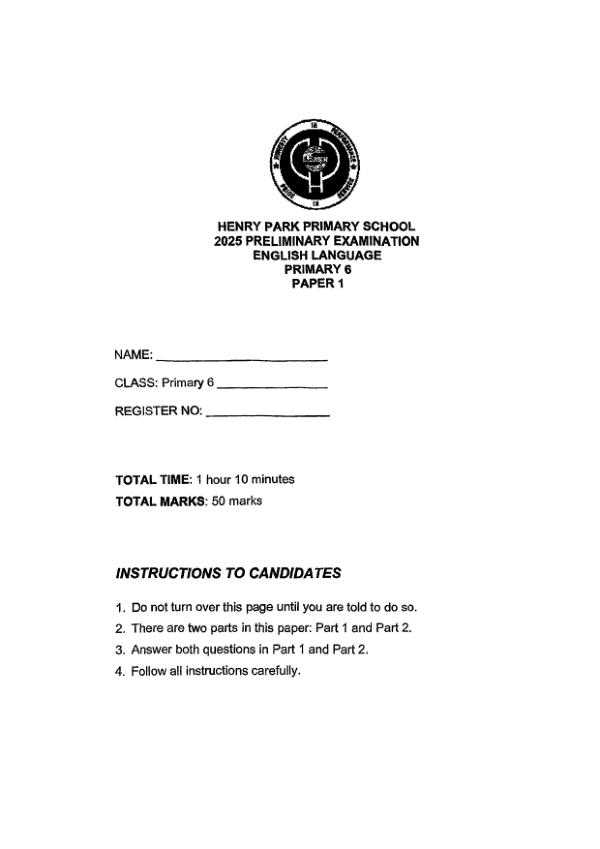Henry Park P6 Eng SA2 2025 exam paper PDF preview