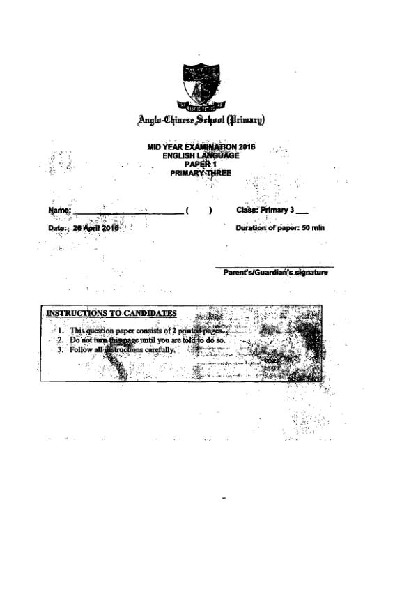 Anglo Chinese P3 Eng WA2 2016 exam paper PDF first page preview