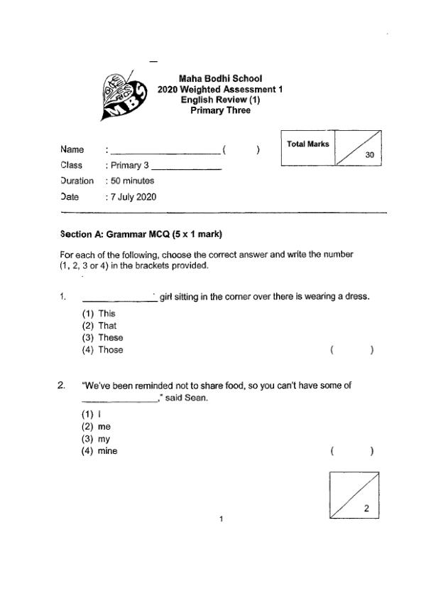 Maha Bodhi P3 Eng WA3 2021 exam paper PDF preview