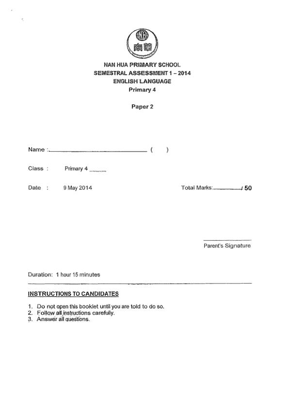 Nan Hua P4 Eng WA2 2014 exam paper PDF first page preview