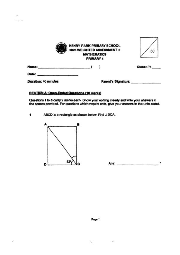First page preview of P4 Math 2023 WA3 — Henry Park