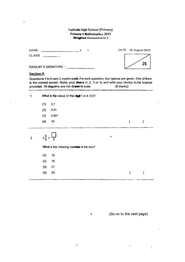 First page preview of P4 Math 2023 WA3 — Catholic High