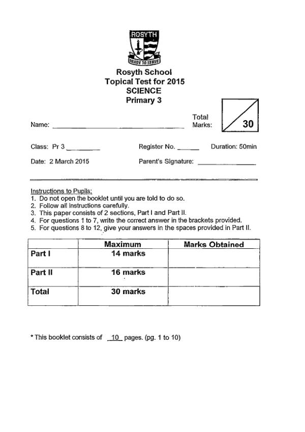 Rosyth P3 Sci WA1 2015 exam paper PDF first page preview