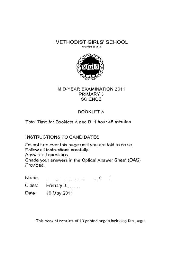 Methodist Girls P3 Sci WA2 2011 exam paper PDF preview
