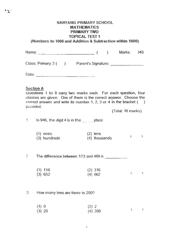 First page preview of P2 Math 2016 WA1 — Nanyang