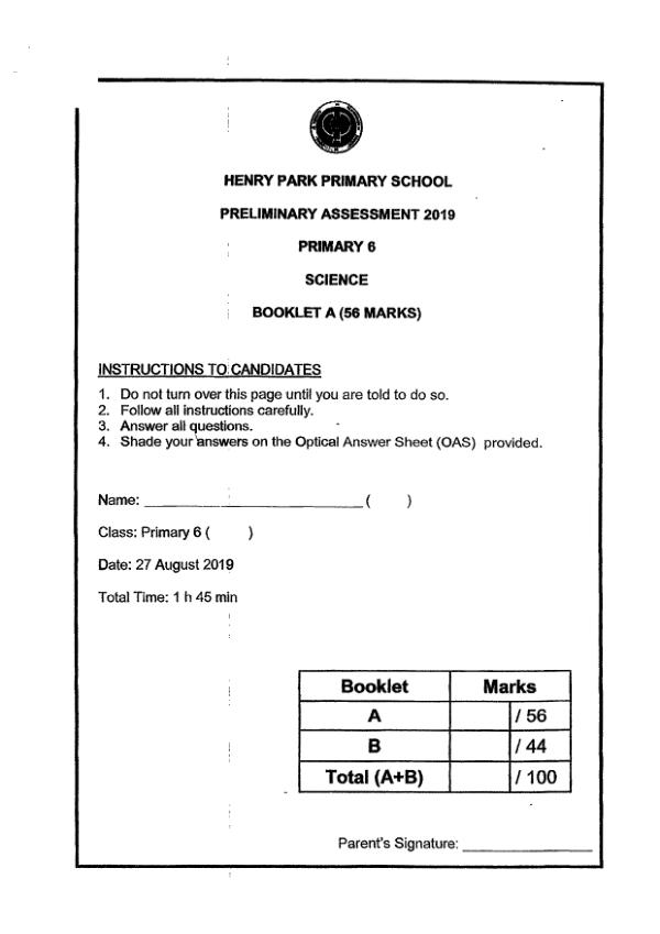 Henry Park P6 Sci SA2 2019 exam paper PDF first page preview