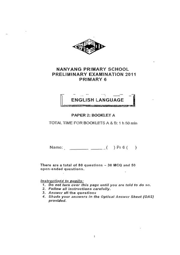 Nanyang P6 Eng SA2 2011 exam paper PDF first page preview