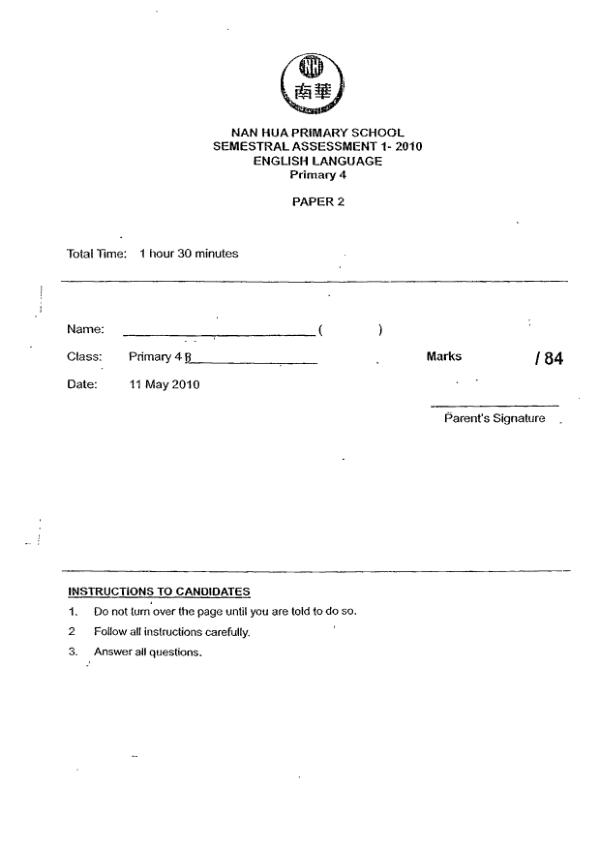 Nan Hua P4 Eng WA2 2010 exam paper PDF preview